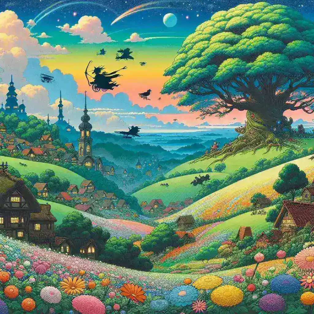 "Illustration of a whimsical Studio Ghibli-inspired scene featuring lush landscapes and fantastical creatures, showcasing the artistic influence of Ghibli films on modern art, as discussed in the article about ChatGPT's Ghibli obsession."