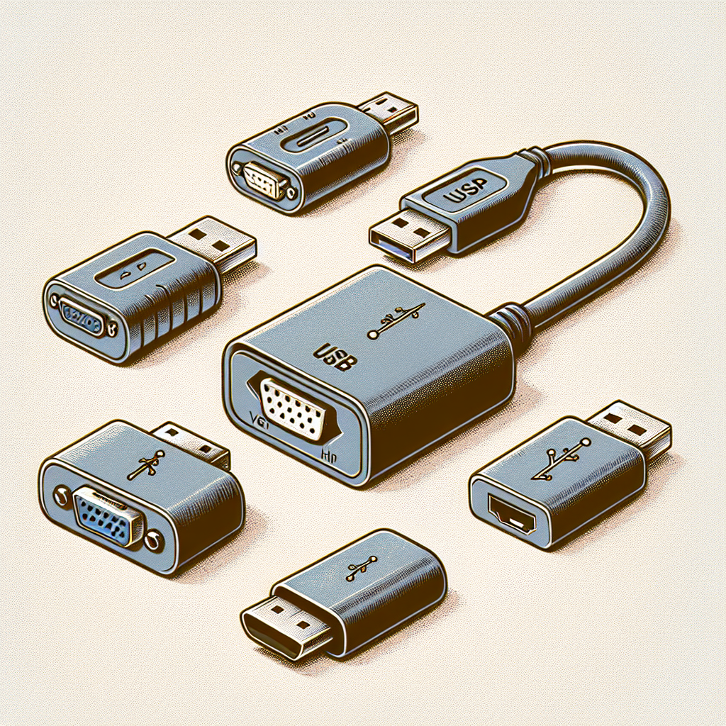 "Image showing various USB to VGA and USB to HDMI adapters with labels highlighting their compatibility and features for connecting devices to monitors and projectors."